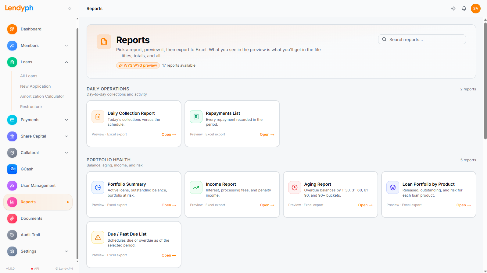 Lendy Reports screen